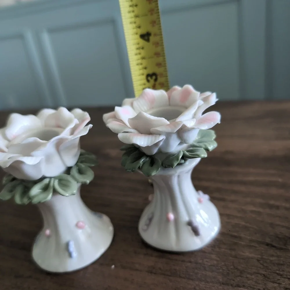 Pair Porcelain Rose Taper Candle‎ Holders Set of 2 White Pink Floral 3